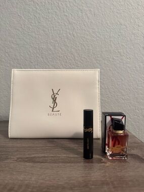 Yves Saint Laurent White Makeup Bag with Black Mascara & New Libre